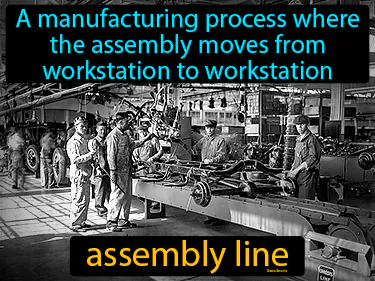 a manufacturing process where the assembly moves from workstation to workstation