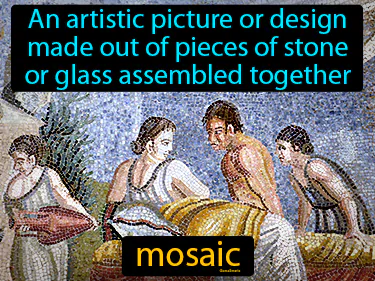 An artistic picture or design made out of pieces of stone or glass assembled together