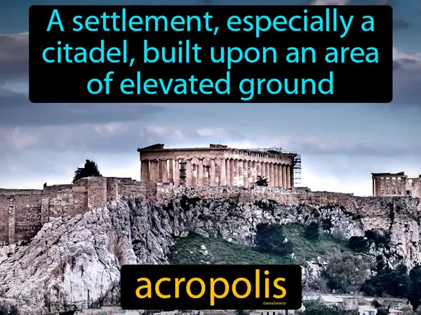a settlement, especially a citadel, built upon an area of elevated ground