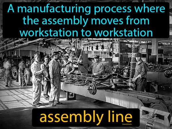 a manufacturing process where the assembly moves from workstation to workstation