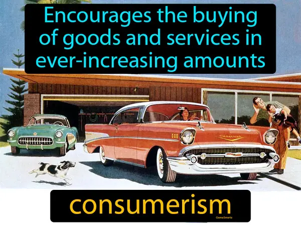 encourages the buying of goods and services in ever-increasing amounts