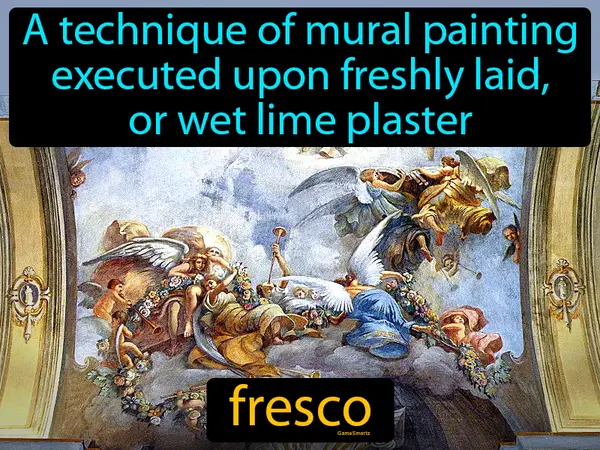 A technique of mural painting executed upon freshly laid, or wet lime plaster