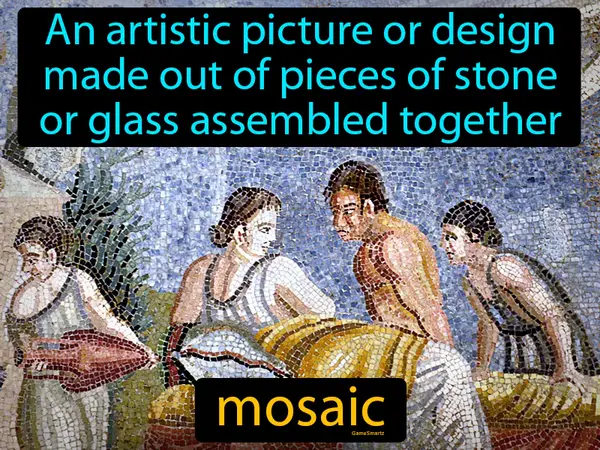 An artistic picture or design made out of pieces of stone or glass assembled together