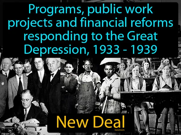 programs, public work projects and financial reforms responding to the Great Depression, 1933 - 1939