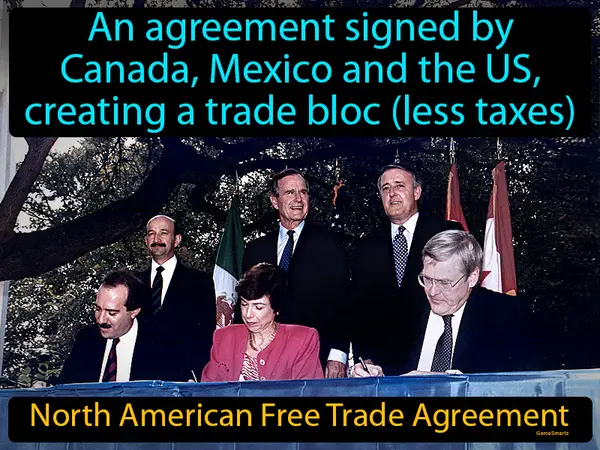 an agreement signed by Canada, Mexico and the US, creating a trade bloc (less taxes)
