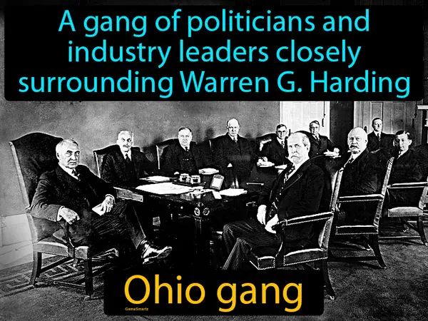 a gang of politicians and industry leaders closely surrounding Warren G. Harding