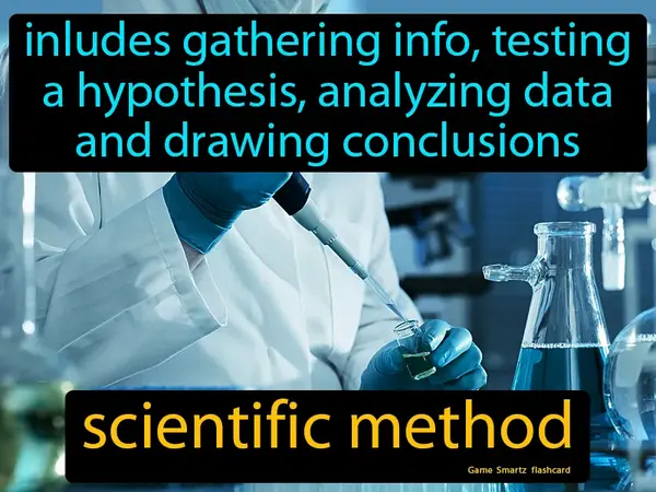 includes gathering info, testing a hypothesis, analyzing data and drawing conclusions