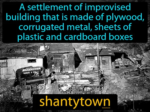 a settlement made of plywood, metal, plastic and cardboard boxes
