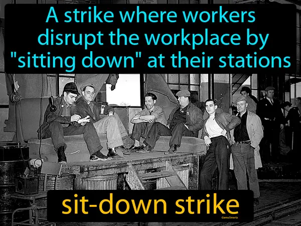 a strike where workers disrupt the workplace by "sitting down" at their stations