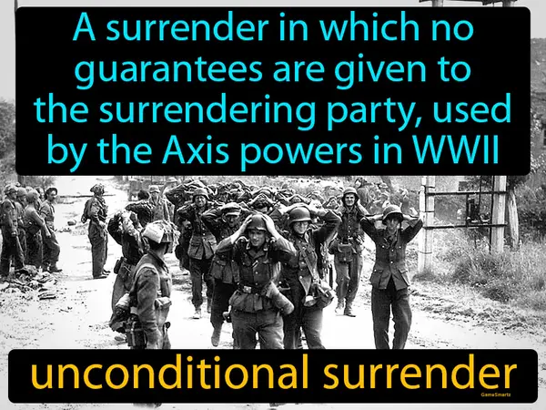a surrender in which no guarantees are given to the surrendering party, used by the Axis powers in WWII