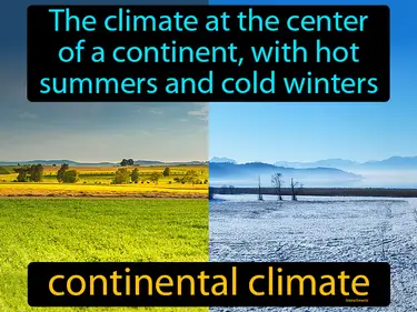 the climate at the center of a continent, with hot summers and cold winters