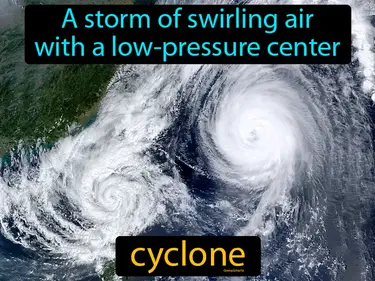 a storm of swirling air with a low-pressure center