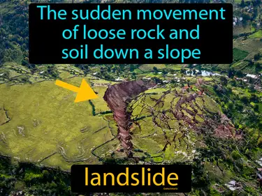 the sudden movement of loose rock and soil down a slope
