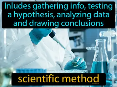 includes gathering info, testing a hypothesis, analyzing data and drawing conclusions