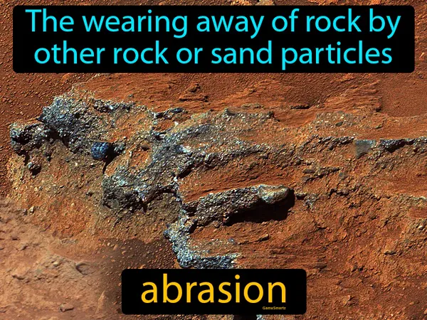 the wearing away of rock by other rock or sand particles