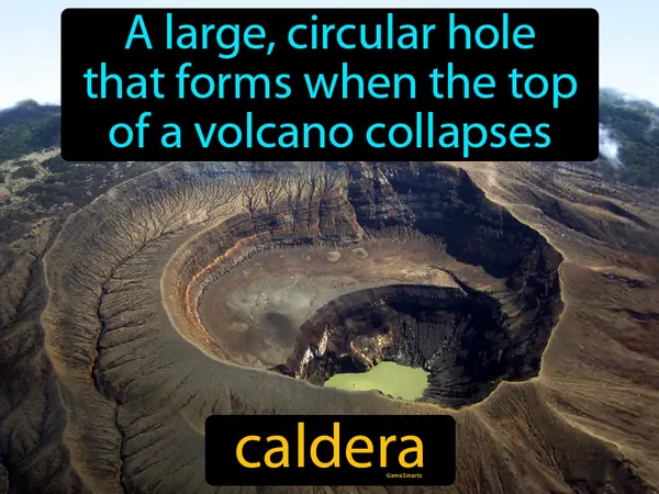 a large, circular hole that forms when the top of a volcano collapses
