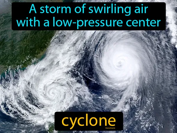 a storm of swirling air with a low-pressure center