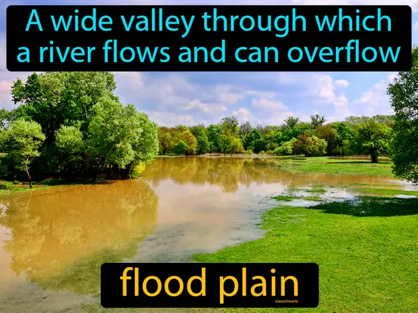 a wide valley through which a river flows and can overflow