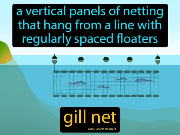 A vertical panels of netting that hang from a line with regularly spaced floaters