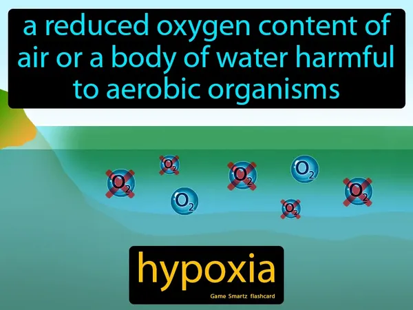 A reduced oxygen content of air or a body of water harmful to aerobic organisms