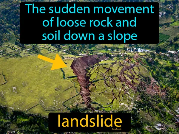 the sudden movement of loose rock and soil down a slope