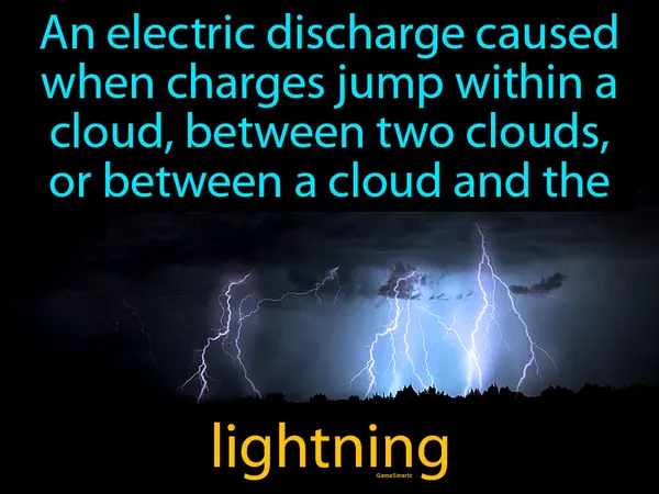 an electric discharge caused when charges jump within a cloud, between two clouds, or between a cloud and the ground