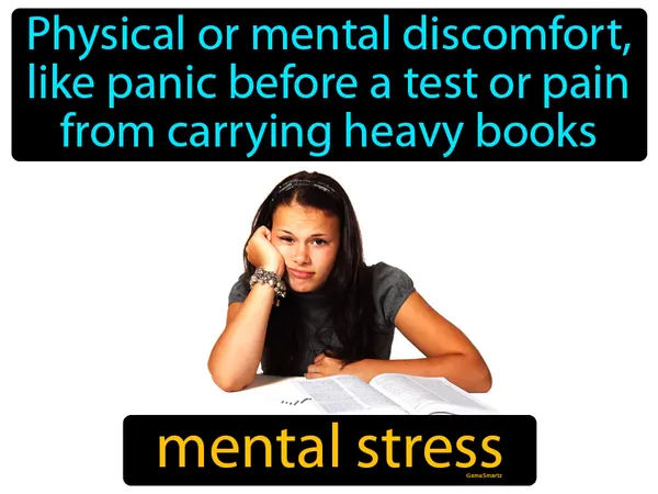 physical or mental discomfort, like panic before a test or a pain from carrying heavy books