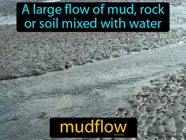 a large flow of mud, rock or soil mixed with water