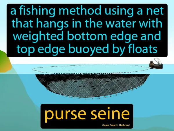 A fishing method using a net that hangs in the water with weighted bottom edge and top edge buoyed by floats