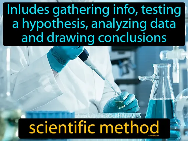 includes gathering info, testing a hypothesis, analyzing data and drawing conclusions