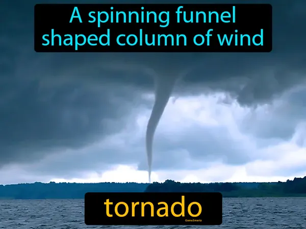 a spinning funnel-shaped column of wind