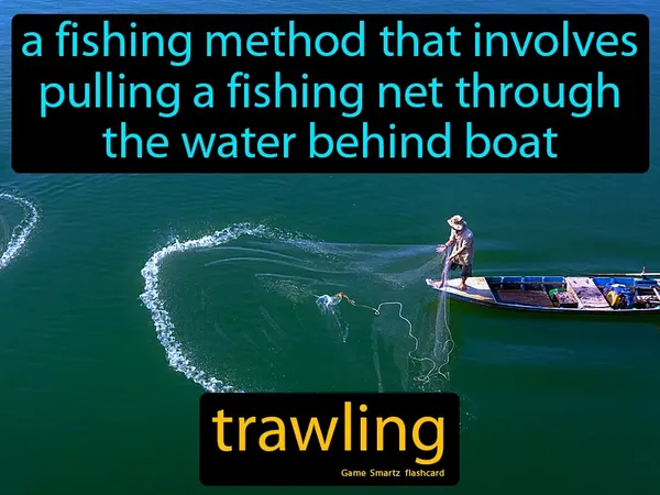 A fishing method that involves pulling a fishing net through the water behind boat